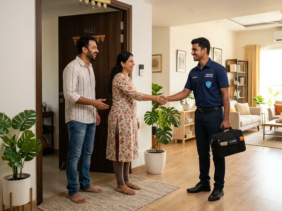 Happy Indian family welcoming a verified Easy Breezy professional at home