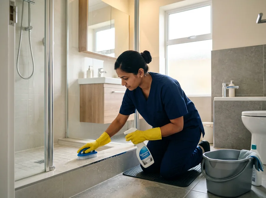 Indian professional deep-cleaning a modern bathroom