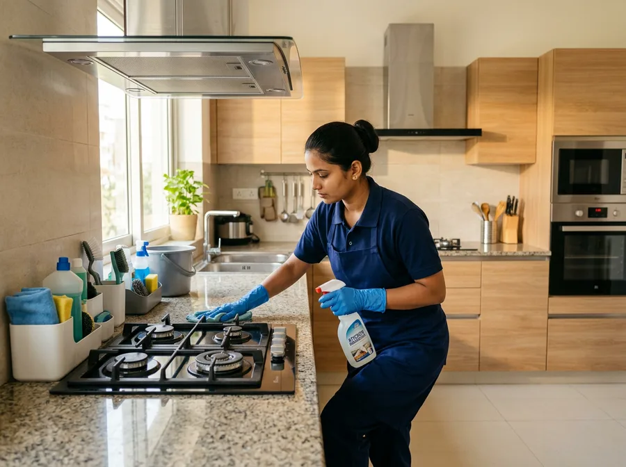 Indian professional deep-cleaning a modern kitchen