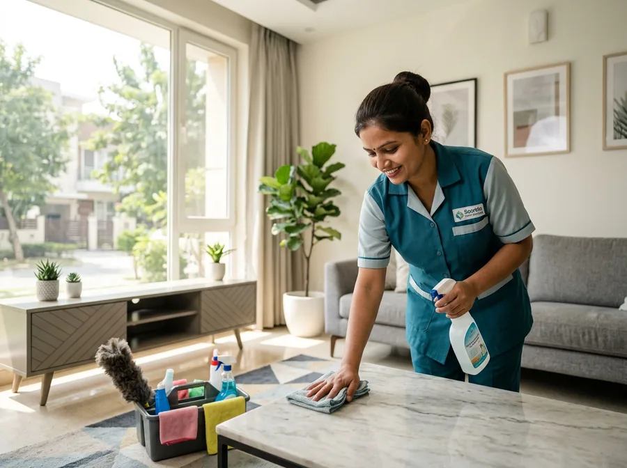 Indian maid cleaning a modern living room
