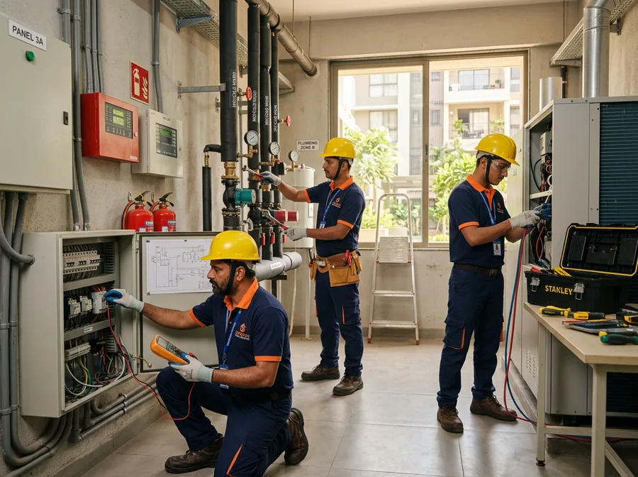 Maintenance crew working in a modern apartment complex
