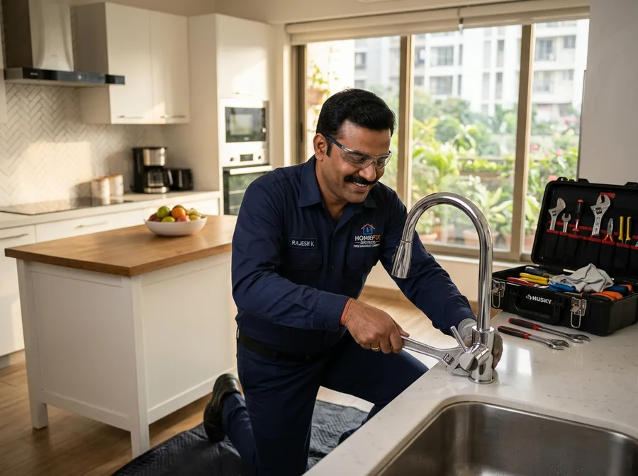Uniformed Indian plumber fixing a tap in a modern home